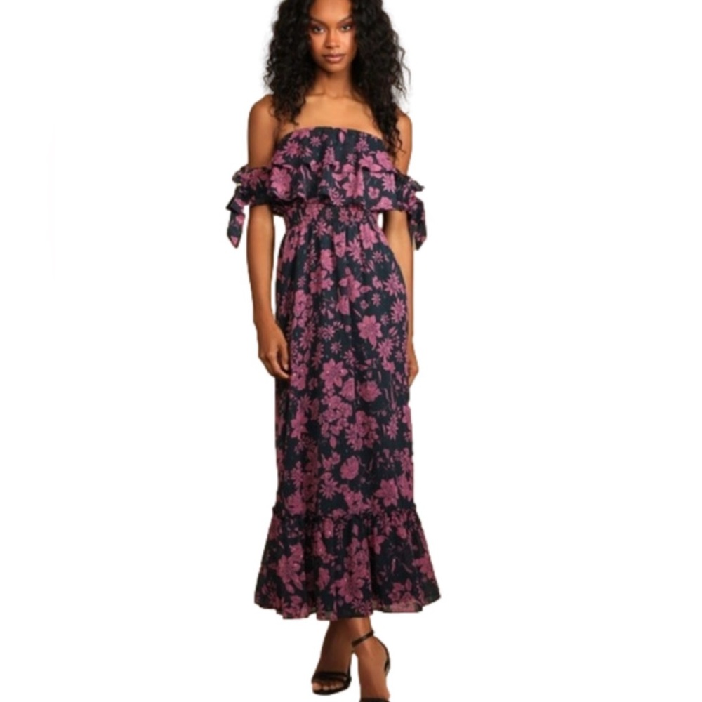 Lulus - Navy Blue Floral Print Off-the-Shoulder Dress, NWT